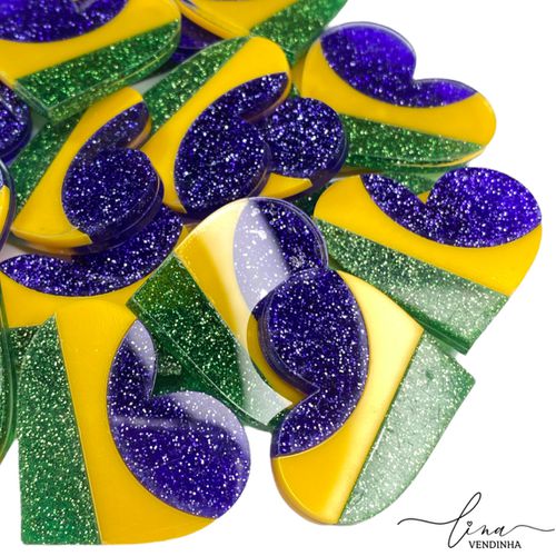 Coração Acrílico Glitter Brasil (2Uni.) - VENDINHA LINA