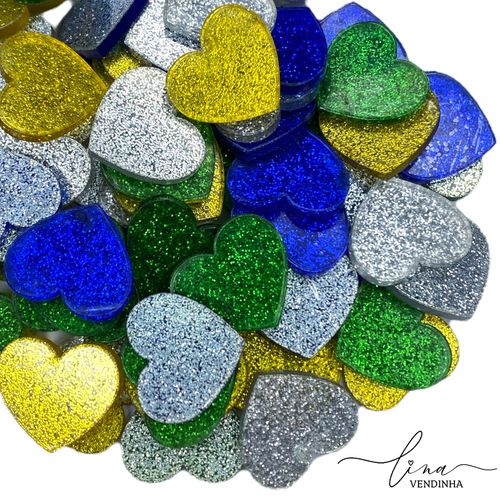 Kit Coração Acrílico Glitter Brasil 2CM (8Uni.) - VENDINHA LINA