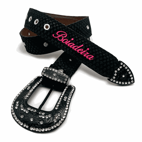 CINTO EM COURO BORDADO BOIADEIRA ROSA COM STRASS -... - Botas Texanas Bruto