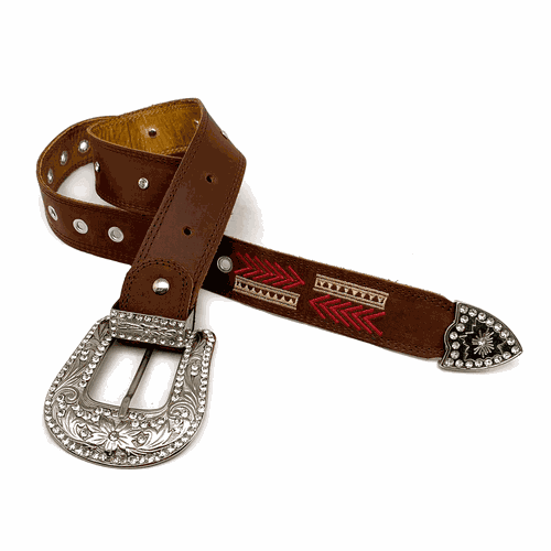 CINTO EM COURO BORDADO BEGE E ROSA COM STRASS - ci... - Botas Texanas Bruto