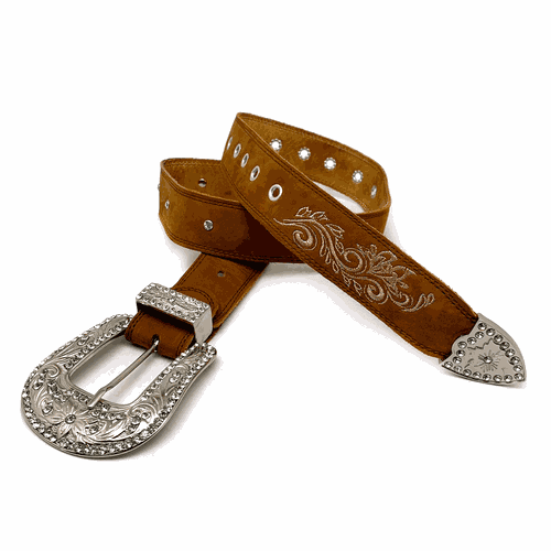 CINTO EM COURO NOBUCK BORDADO BEGE COM STRASS - c... - Botas Texanas Bruto