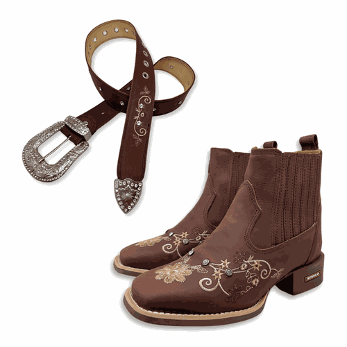 COMBO BOTINA + CINTO EM COURO MARROM BORDADO FLORE... - Botas Texanas Bruto