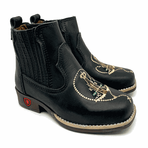 BOTINA INFANTIL EM COURO PRETO BORDADO NOSSA SENHO... - Botas Texanas Bruto