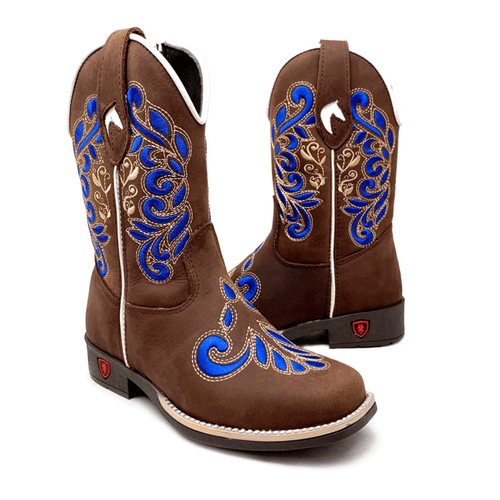 TEXANA INFANTIL EM COURO MARROM BORDADO AZUL - TI1 - Botas Texanas Bruto