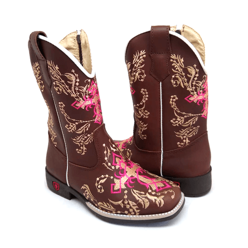 TEXANA INFANTIL EM COURO MARROM BORDADO CRUZ ROSA ... - Botas Texanas Bruto