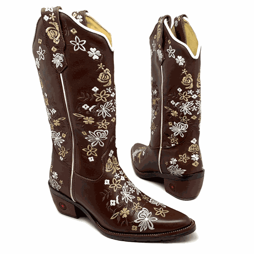 BOTA TEXANA EM COURO MARROM BORDADO FLORES BRANCO ... - Botas Texanas Bruto
