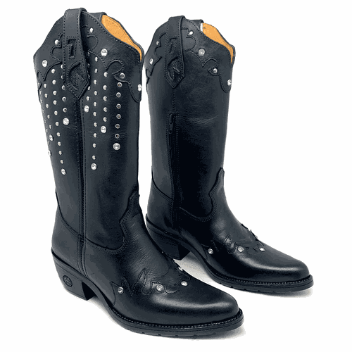 BOTA TEXANA EM COURO PRETO BORDADO PRETO COM STRAS... - Botas Texanas Bruto
