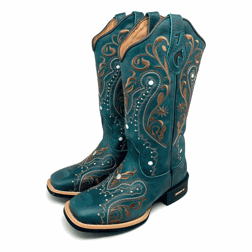 BOTA TEXANA EM COURO VERDE ÁGUA BORDADO TRIBAL - ... - Botas Texanas Bruto