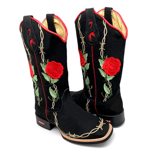 BOTA TEXANA EM COURO PRETO BORDADOS ARAMES + ROSAS... - Botas Texanas Bruto