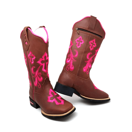 BOTA TEXANA EM COURO MARROM BORDADO CRUZ ROSA + SU... - Botas Texanas Bruto