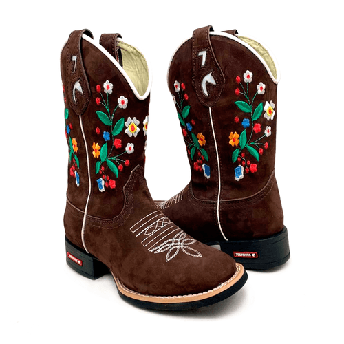BOTA TEXANA EM COURO NOBUCK CAFÉ BORDADOS FLORES C... - Botas Texanas Bruto
