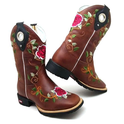 BOTA TEXANA EM COURO MARROM BORDADO DE ROSAS + PUX... - Botas Texanas Bruto