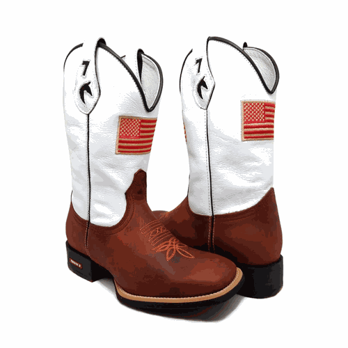 BOTA TEXANA EM COURO MARROM E BRANCO BORDADO BANDE... - Botas Texanas Bruto