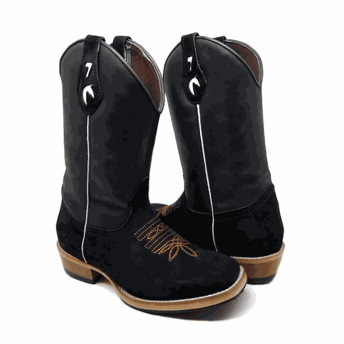 BOTA TEXANA EM COURO PRETO BORDADO FLORÃO SOLADO D... - Botas Texanas Bruto