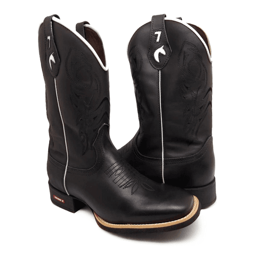 BOTA TEXANA EM COURO PRETO BORDADO PRETO - btm15 - Botas Texanas Bruto