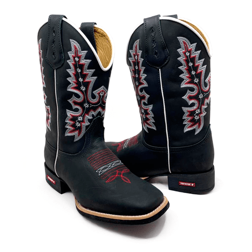BOTA TEXANA EM COURO PRETO BORDADO BRANCO E VERMEL... - Botas Texanas Bruto