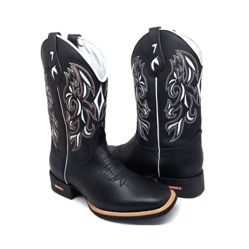 BOTA TEXANA EM COURO PRETO BORDADO BRANCO E BEGE E... - Botas Texanas Bruto