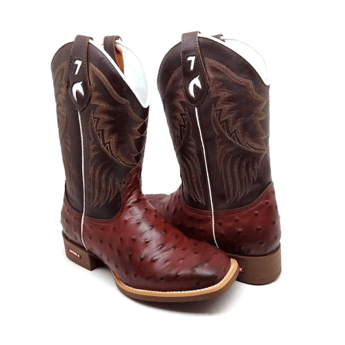 BOTA TEXANA EM COURO MARROM IMITAÇÃO AVESTRUZ BORD... - Botas Texanas Bruto