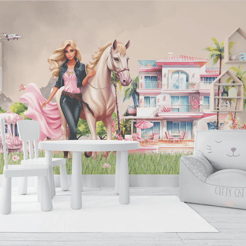 Papel de Parede Menina Barbie e Cavalo - CEMPORCEMTOFIXO