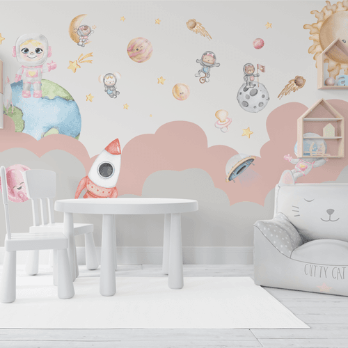 Papel de Parede Menina Astronauta Rosa - CEMPORCEMTOFIXO