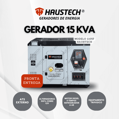 Gerador de Energia Haustech Diesel 15KVA Cabinado Silenciado Trifásico 127/220V 1105F Com ATS