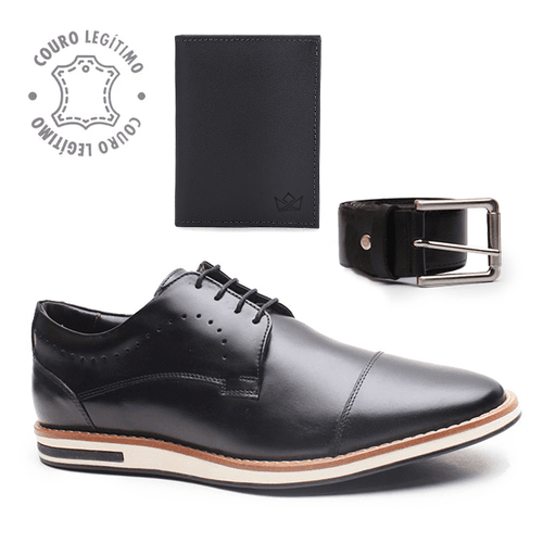 Kit Sapatênis Em Couro Preto + Cinto + Carteira - ... - ELITEDOSPES