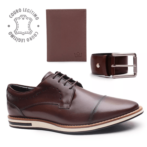 Kit Sapatênis em Couro Mogno + Cinto + Carteira - ... - ELITEDOSPES