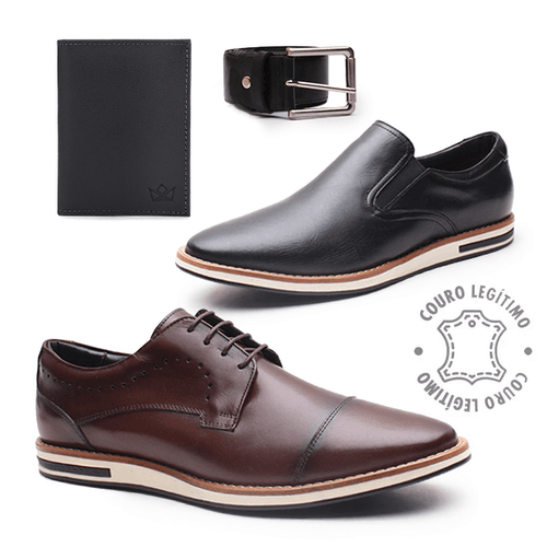 Kit 2 pares Sapatênis em Couro Preto e Mogno + Car... - ELITEDOSPES