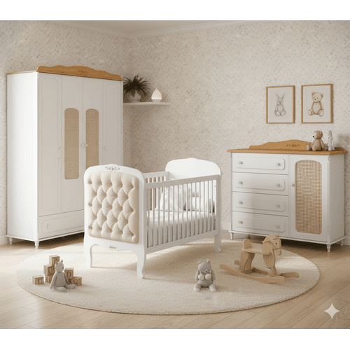 Conjuto Quarto Completo Palha Guarda-Roupa, Cômoda e Berço - Freijó/Branco