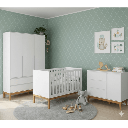 Conjunto Quarto Completo Nature Guarda-roupa, Cômoda e Berço- Branco Ecowood