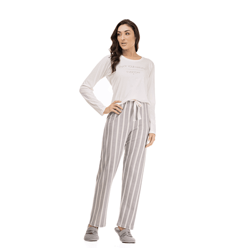 PIJAMA LONGO ALGODÃO LISTRADO OFF-WHITE E CINZA - ... - Loik