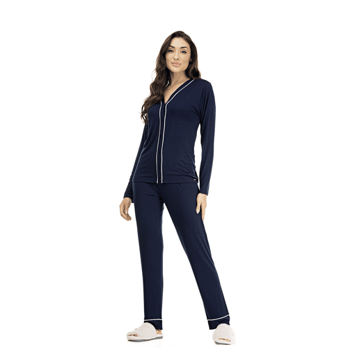 PIJAMA LONGO ABERTO VISCOLYCRA AZUL MARINHO - MARI... - Loik