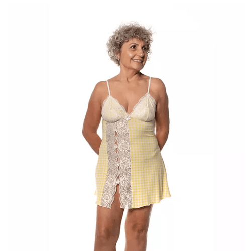 CAMISOLA MALHA COM RENDA ESTAMPA VICHY AMARELA - X... - Loik