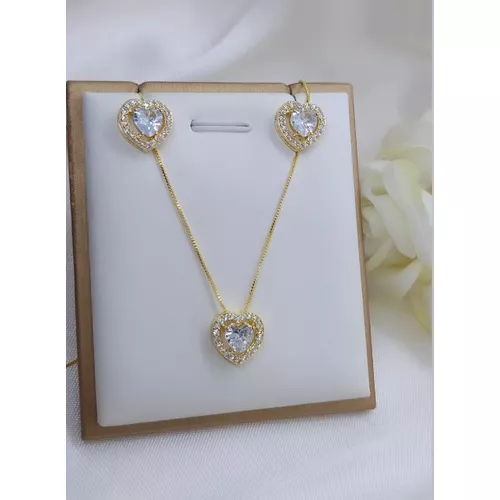 Conjunto Coração Brinco e Colar Banhado a Ouro Com... - A S JOIAS E SEMIJOIAS
