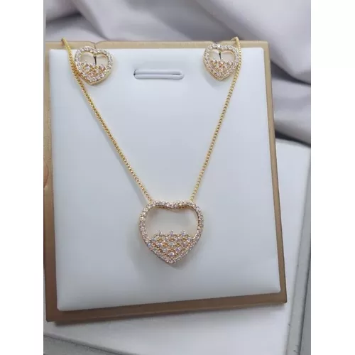 Conjunto Coração Brinco e Colar Banhado a Ouro Com... - A S JOIAS E SEMIJOIAS