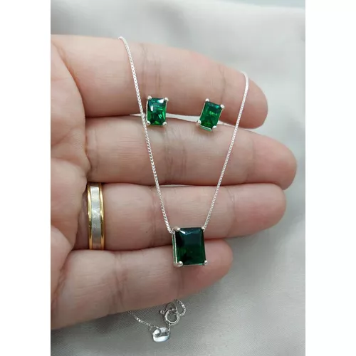 Conjunto Brinco e Colar Retangular Em Prata 925 Ve... - A S JOIAS E SEMIJOIAS