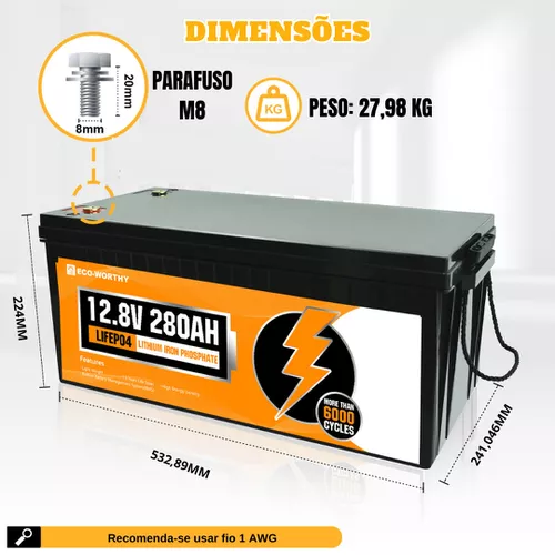 Bateria de fosfato de ferro e lítio LiFePO4 12V 280Ah - Marca ECO