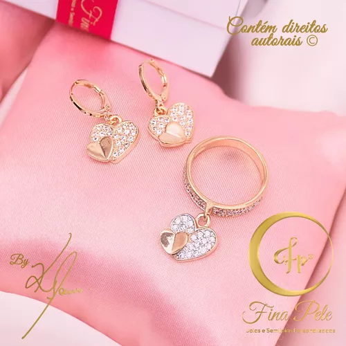 Conjunto coração com Zircônias Cravejadas Fina Pel... - FINA PELE Joias e Semijoias Personalizadas