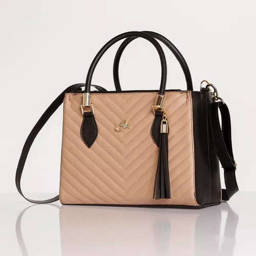 Linda Bolsa Lorena Nude com Preto Matelassê Clássica cor Nude com Preto