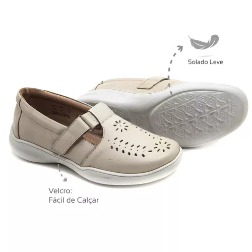 Sapatilha Feminina Confortável com Velcro Couro Cr... - Levecomfort Calçados