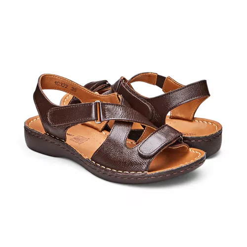 Sandália com Velcro Couro Café Levecomfort - 1032... - Levecomfort Calçados