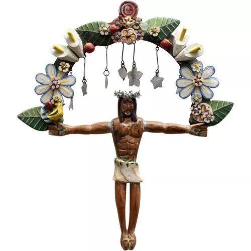 Painel Cristo com Arranjo de Flores I - 84 x 68 cm... - OFICINA DE AGOSTO