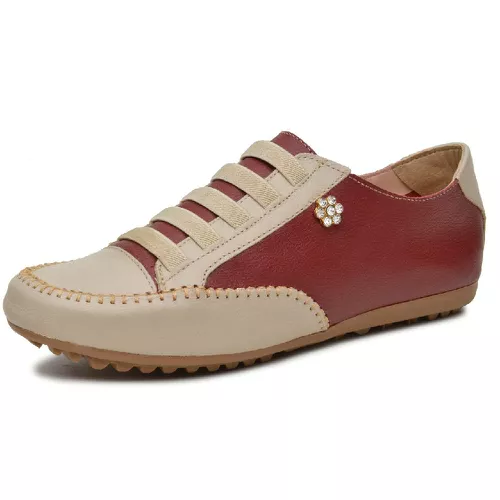Mocatênis Feminino Top Franca Shoes Bege e Vinho - Top Franca Shoes | Calçados Confortáveis em Couro