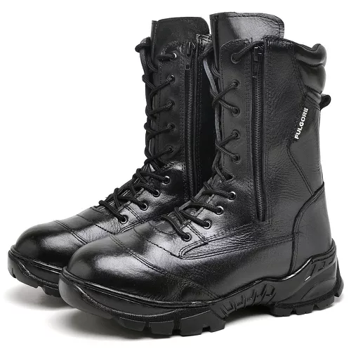 COTURNO MILITAR TATICO EM COURO PRETO 2 ZÍPERES - Top Franca Shoes | Calçados Confortáveis em Couro