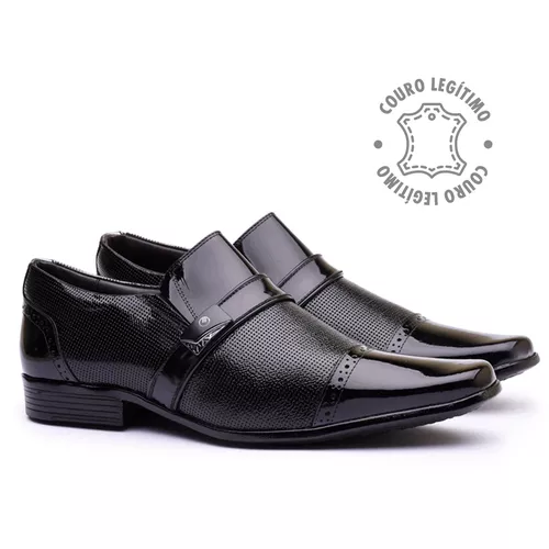 Sapato Social em Couro Box Preto com Detalhes Esta... - ELITEDOSPES