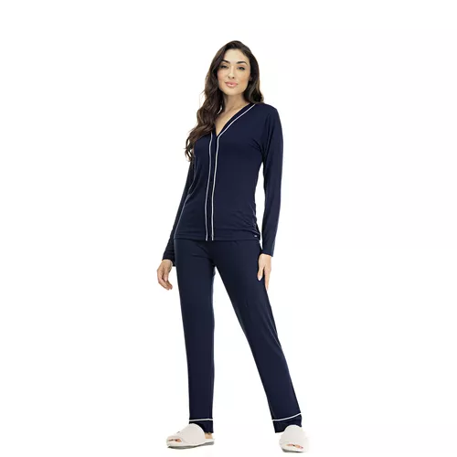 PIJAMA LONGO ABERTO VISCOLYCRA AZUL MARINHO - MARI... - Loik