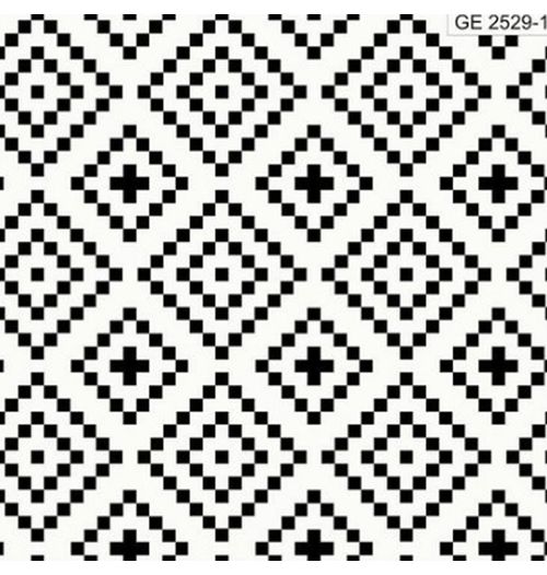 Tecido Tricoline geométrico fundo branco 100% algodão - preto e branco