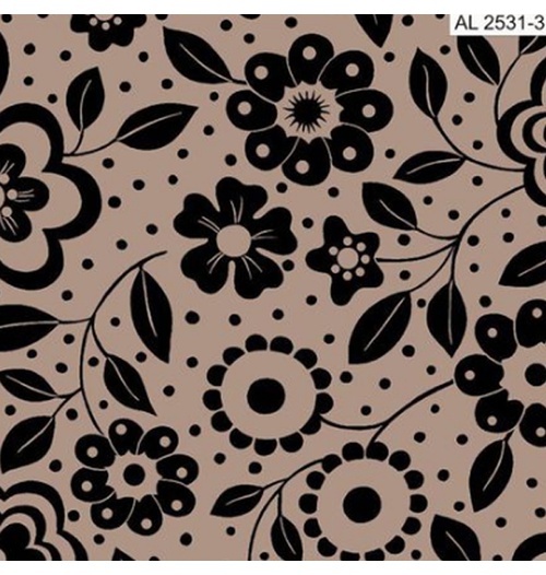 Tecido Tricoline floral fundo bege 100% algodão - preto e bege