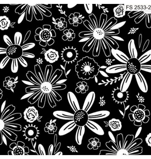 Tecido Tricoline floral fundo preto 100% algodão - preto e branco