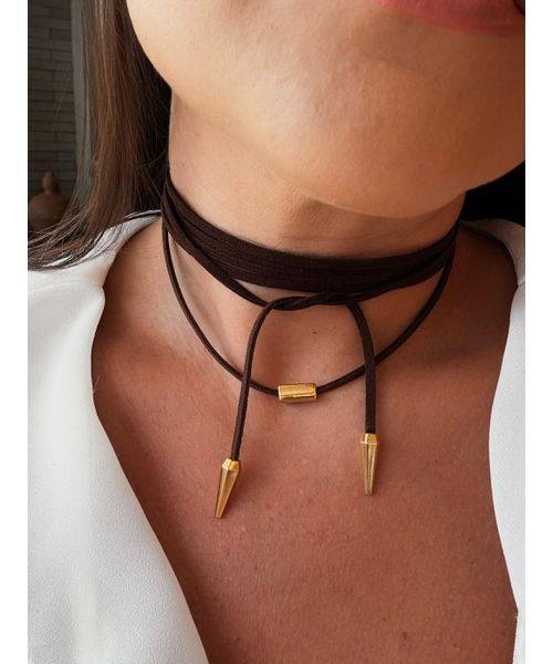 CORDÃO COURO BOHO CAFÉ CANUTILHO BANHADO A OURO - Dri Ferreira Semi Joias